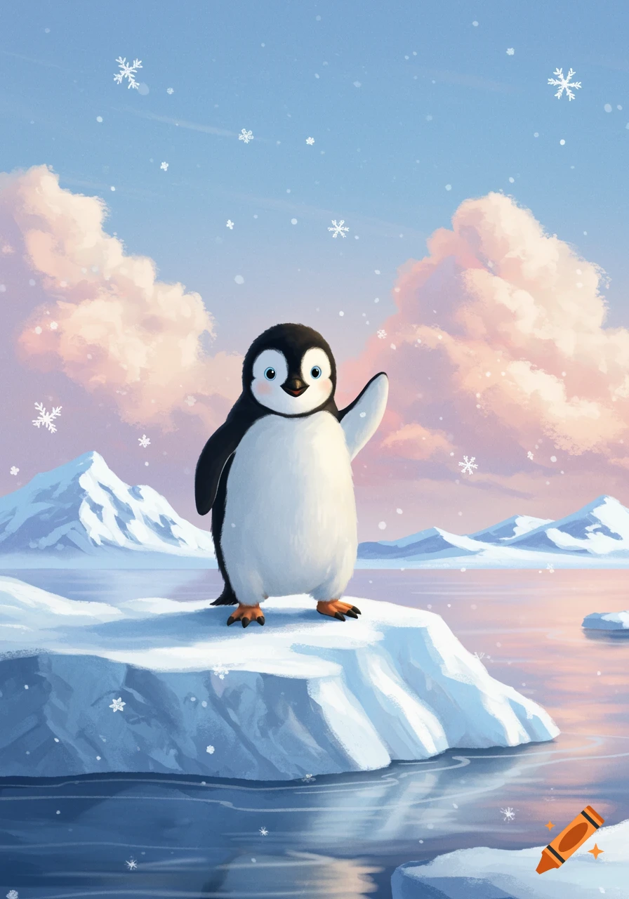 A cute cartoon penguin waves on an ice floe in a snowy arctic landscape with pink clouds at sunset.