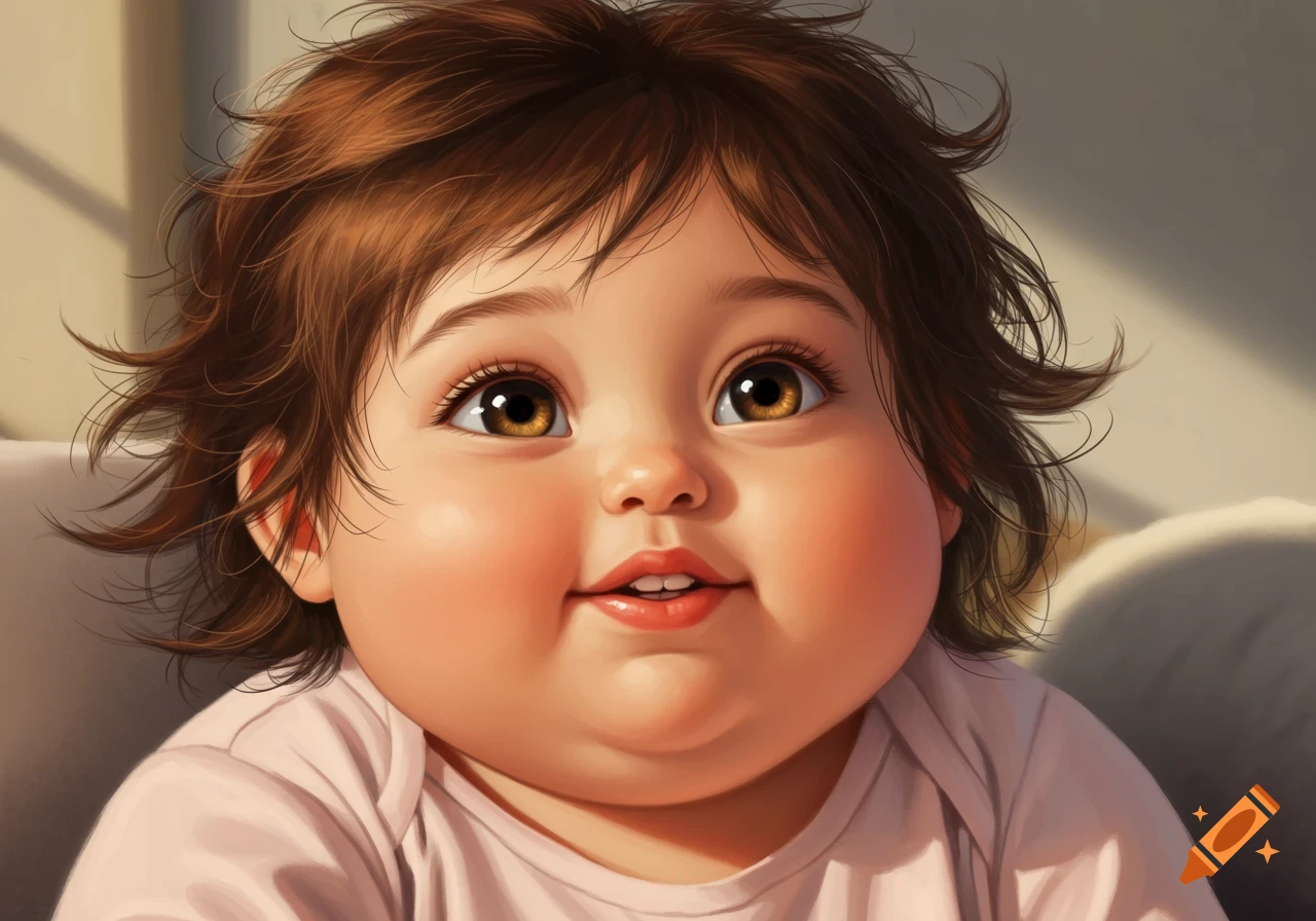 A close-up, photorealistic illustration of a cute, chubby baby with brown messy hair and large hazel eyes looking up.
