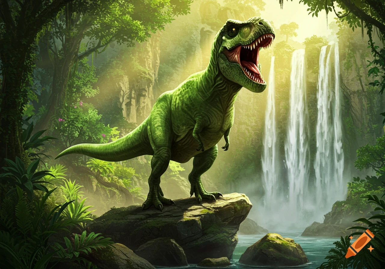A vibrant green T. rex stands roaring on a large rock in a lush jungle with multiple waterfalls cascading behind it.