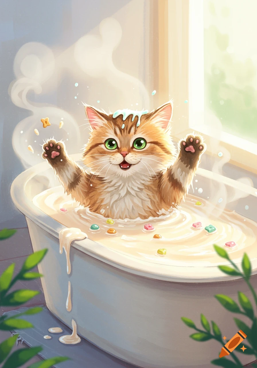 A fluffy, orange-and-white cartoon cat with green eyes happily takes a bubble bath in a tub, surrounded by colorful treats and steam.