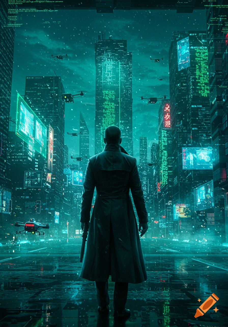 A solitary figure in a trench coat stands on a wet street, looking at a towering cyberpunk city under a teal sky with flying drones and glowing neon signs.