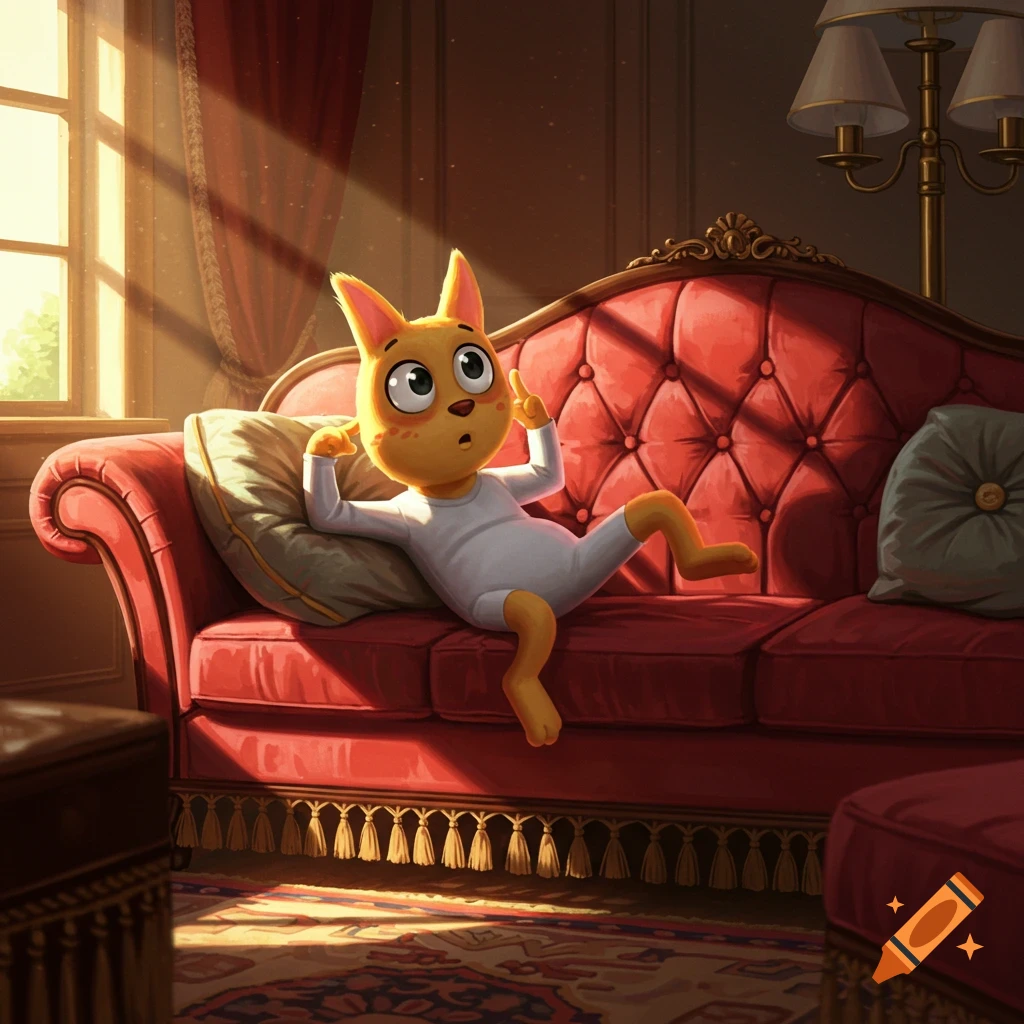 A wide-eyed cartoon cat in a white onesie lies on a luxurious red couch in a sunlit room, pointing a finger upwards.