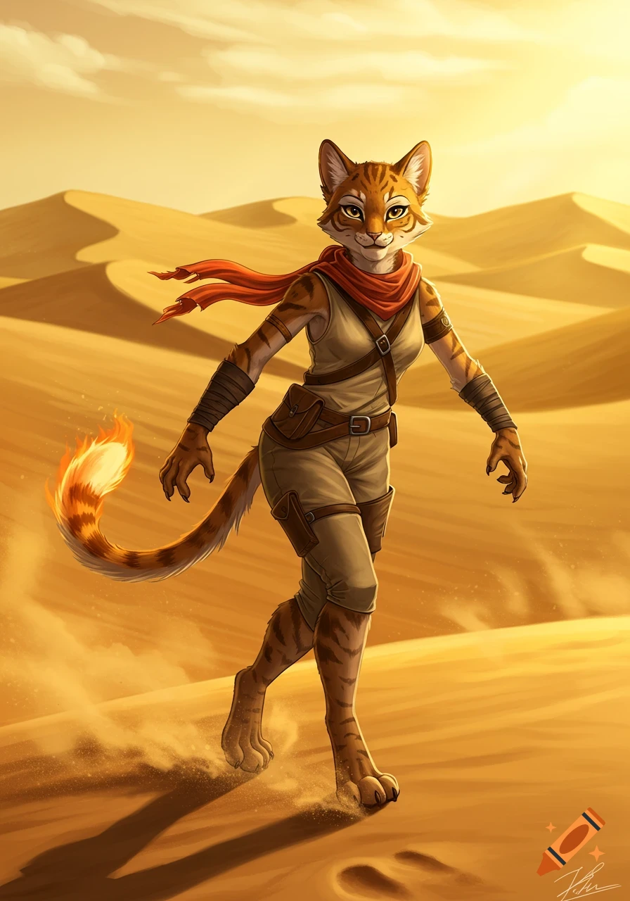A humanoid cat character with striped fur and an orange scarf walks through a sandy desert landscape at sunset.