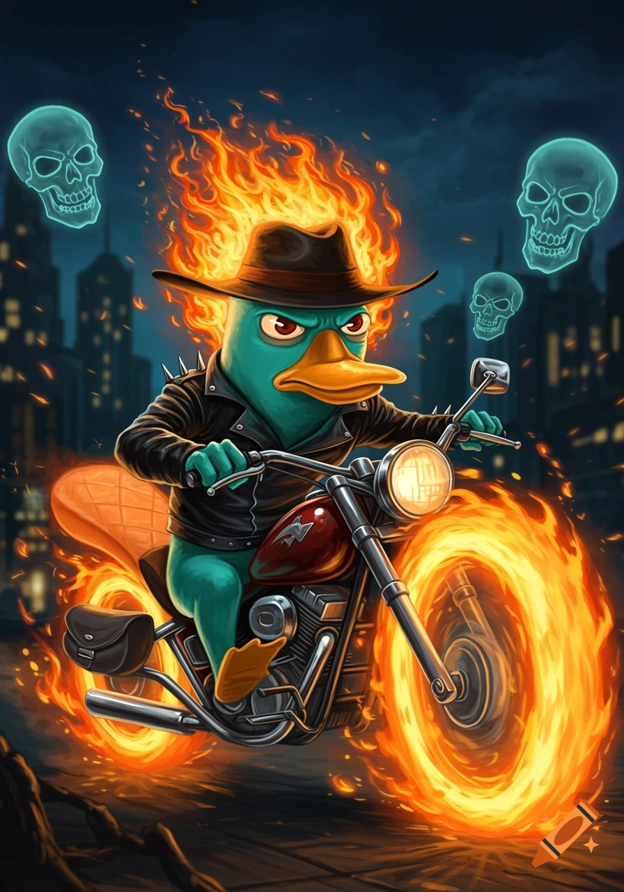 Cartoon Perry the Platypus as Ghost Rider on a flaming motorcycle under a dark sky with floating skulls.