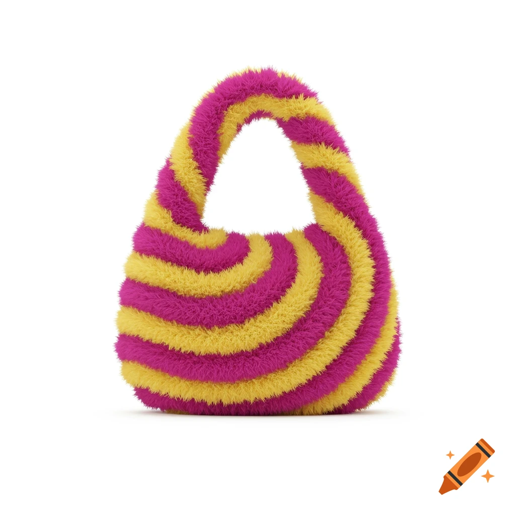 A fluffy bag with swirling dark magenta pink and yellow stripes on a white background.