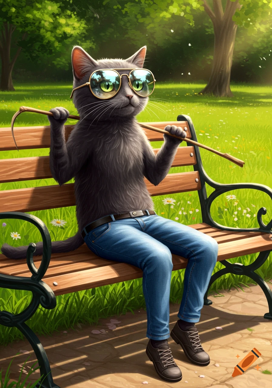A cool gray anthropomorphic cat wearing sunglasses and jeans sits on a park bench, holding a stick.
