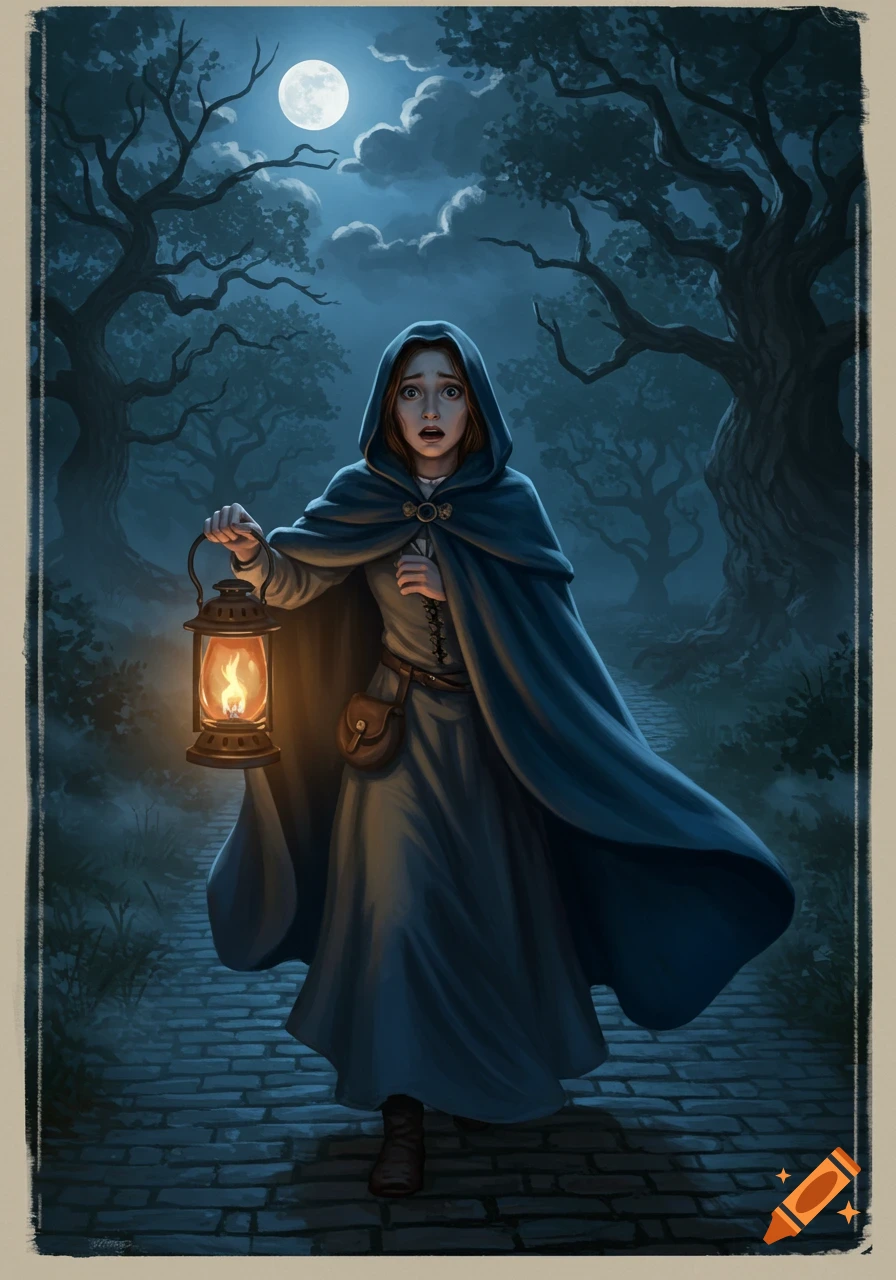 A scared maiden in a blue cloak walks through a dark, moonlit forest, holding a glowing lantern on a cobblestone path.