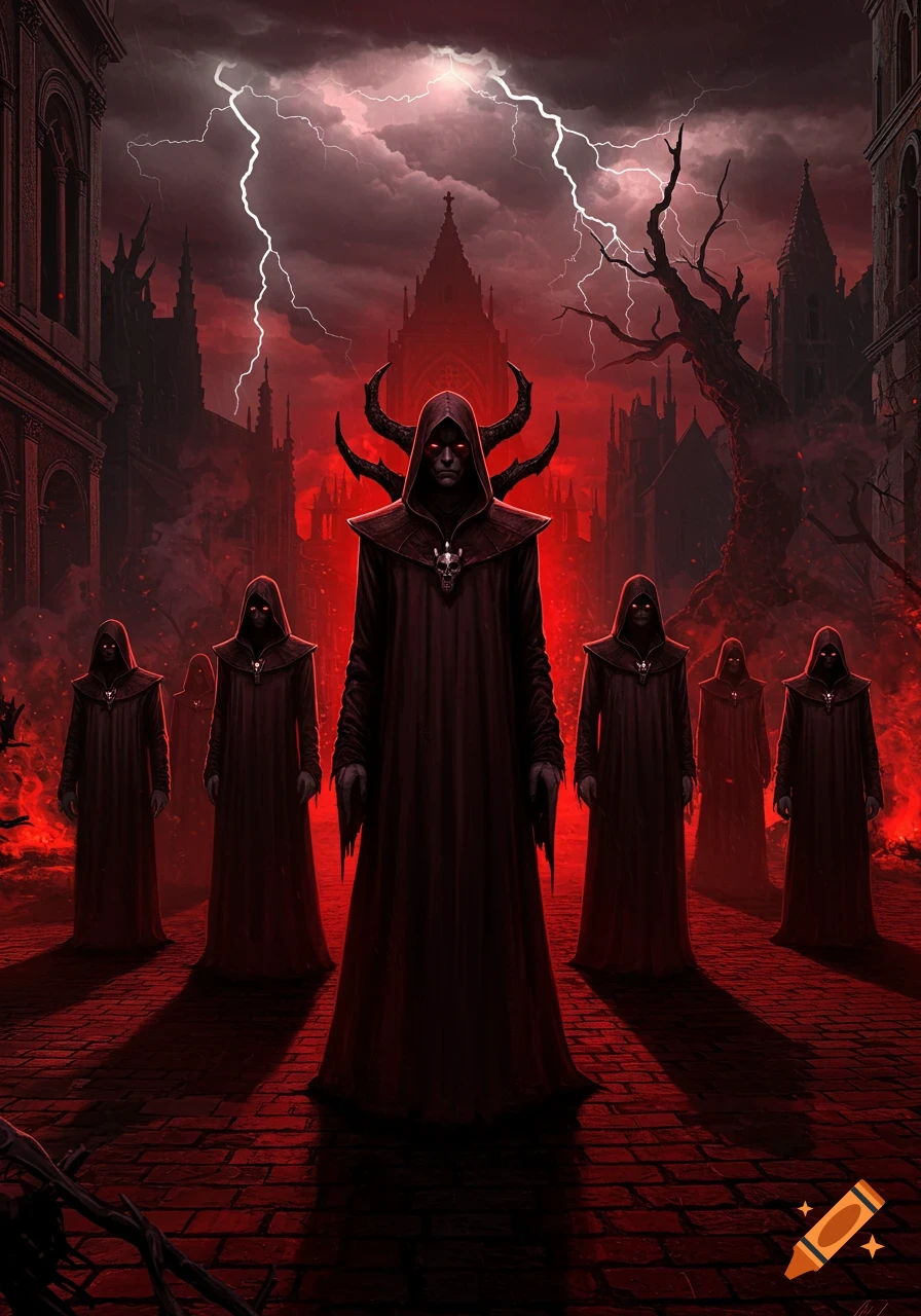 Ominous dark fantasy illustration of robed figures led by a horned demon with glowing red eyes in a stormy, red-hued gothic city.