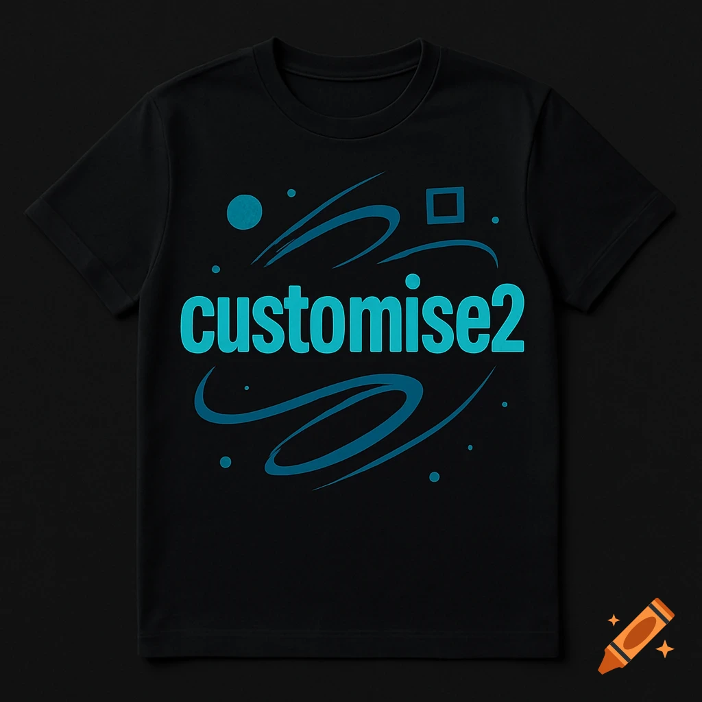 A black t-shirt with a glowing blue design that says customise2, surrounded by abstract shapes.