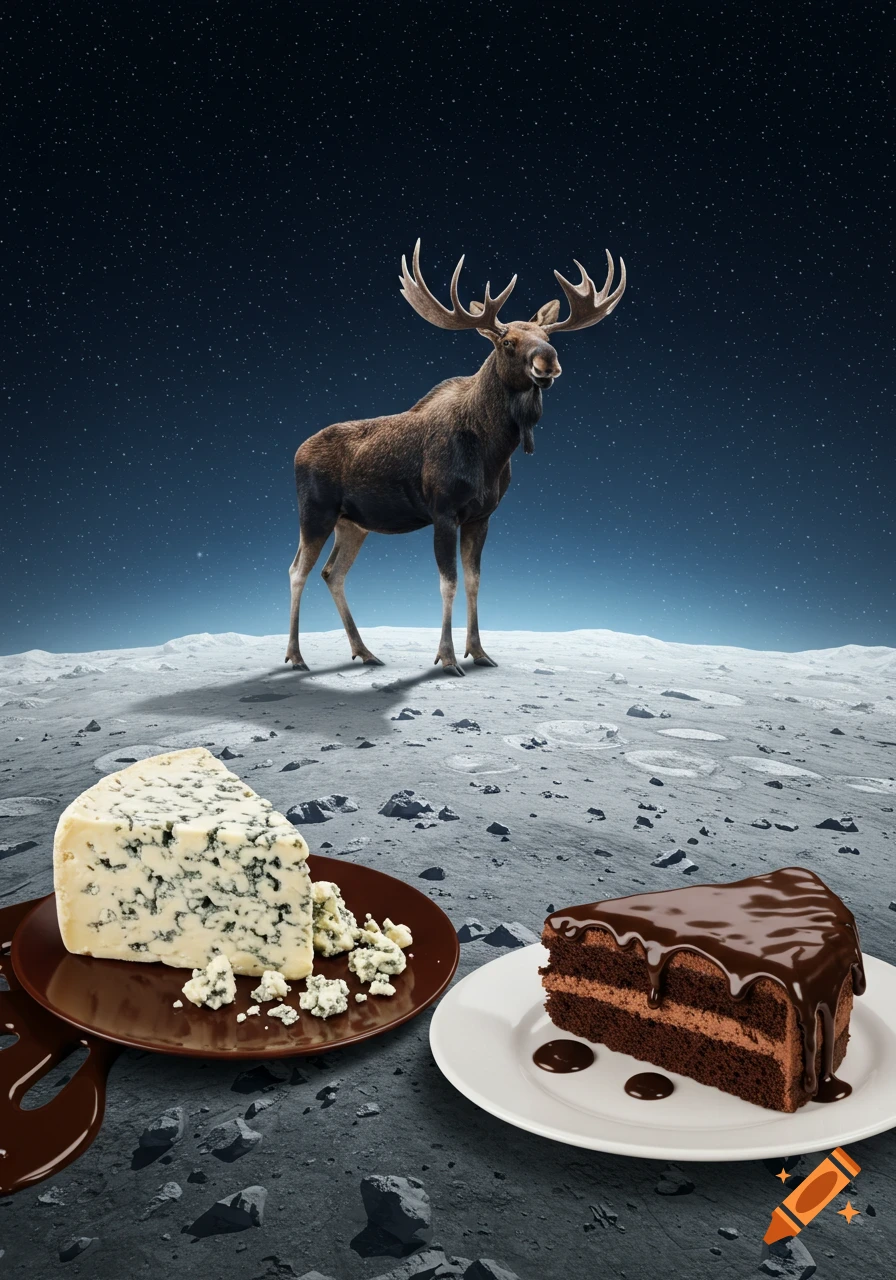 A large moose stands on the moon next to a slice of blue cheese and a slice of chocolate cake under a starry sky.