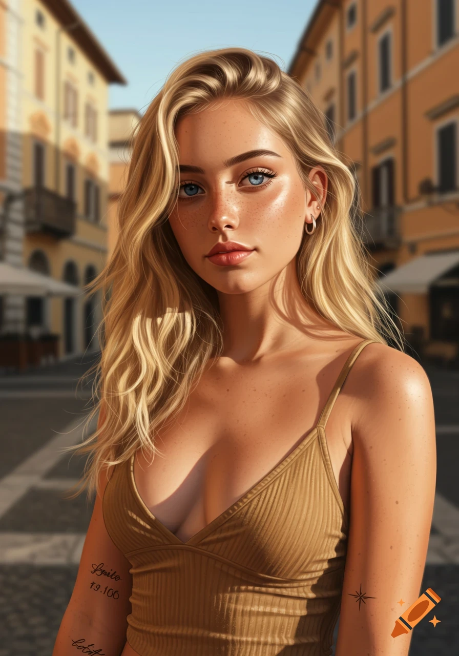 A photorealistic portrait of a young woman with long blonde hair, blue eyes, and freckles, wearing a beige top, standing on a street in an old town.