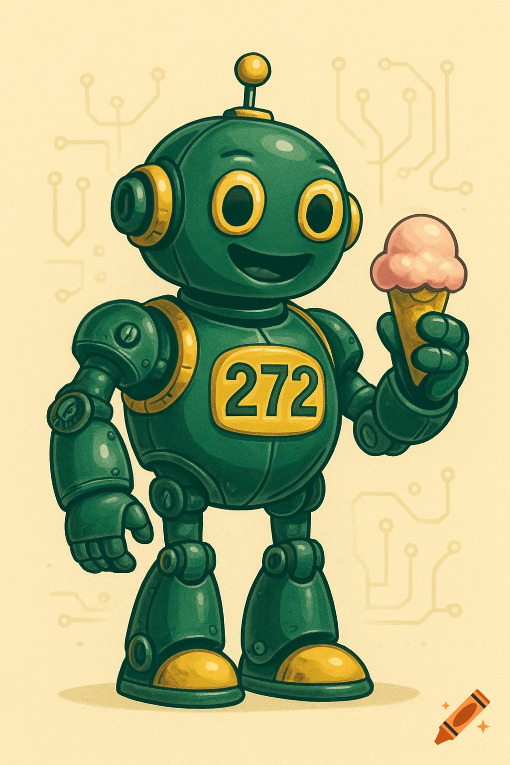 A dark green and yellow clip art robot smiles, holding a pink ice cream cone, with the number 272 on its chest.