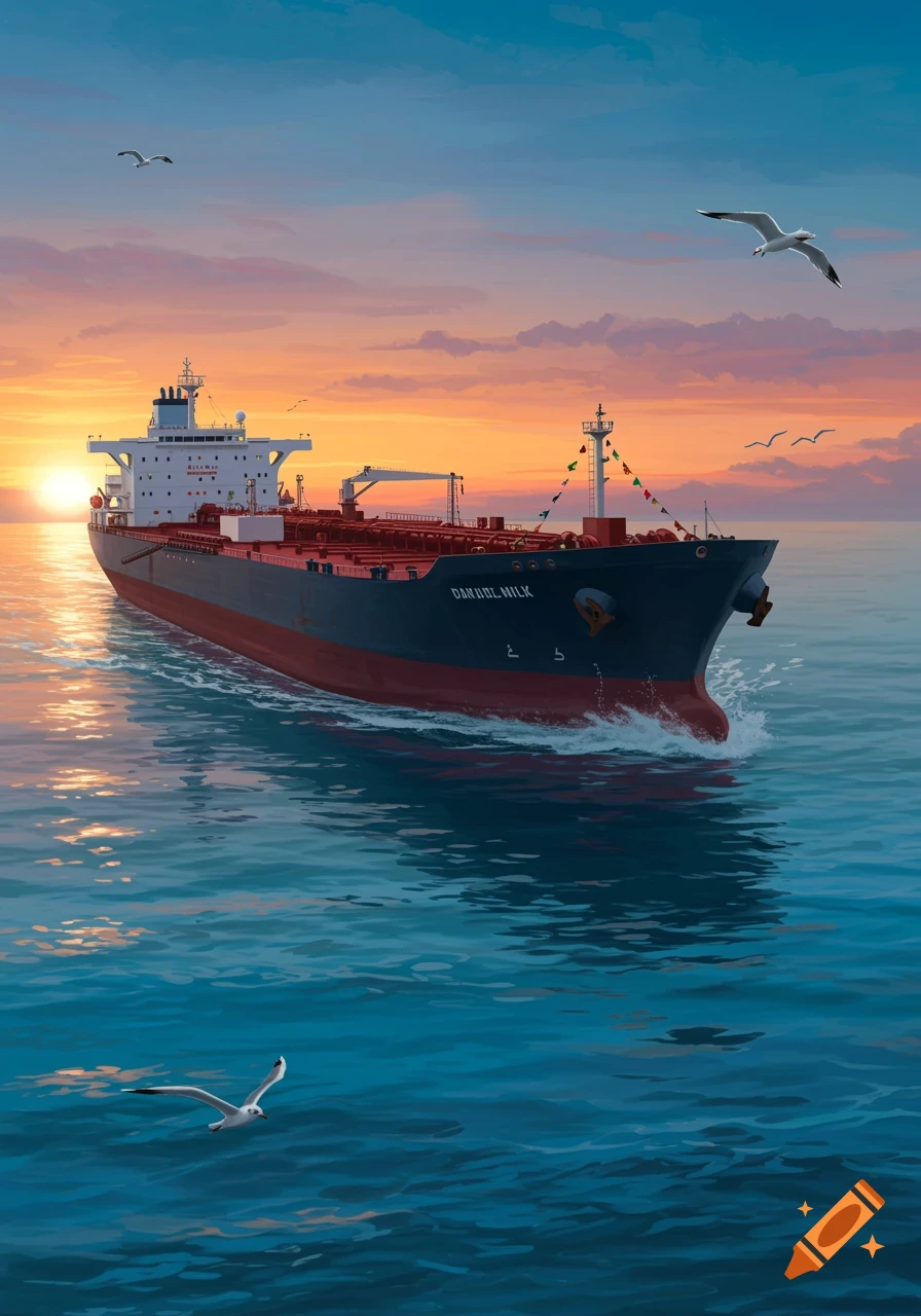 A large oil tanker ship sails across blue waters during a vibrant orange and purple sunset, with seagulls flying overhead.