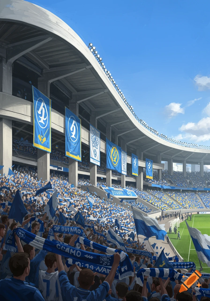 A large stadium filled with a cheering crowd of football fans wearing blue and white, with banners hanging from the stands.