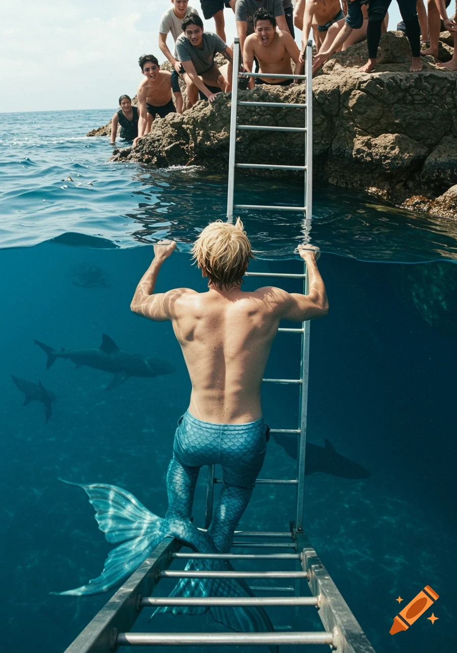 A merman with a blue tail climbs a ladder out of the ocean towards his human friends on a rocky cliff, with sharks swimming below him. Photorealistic style.