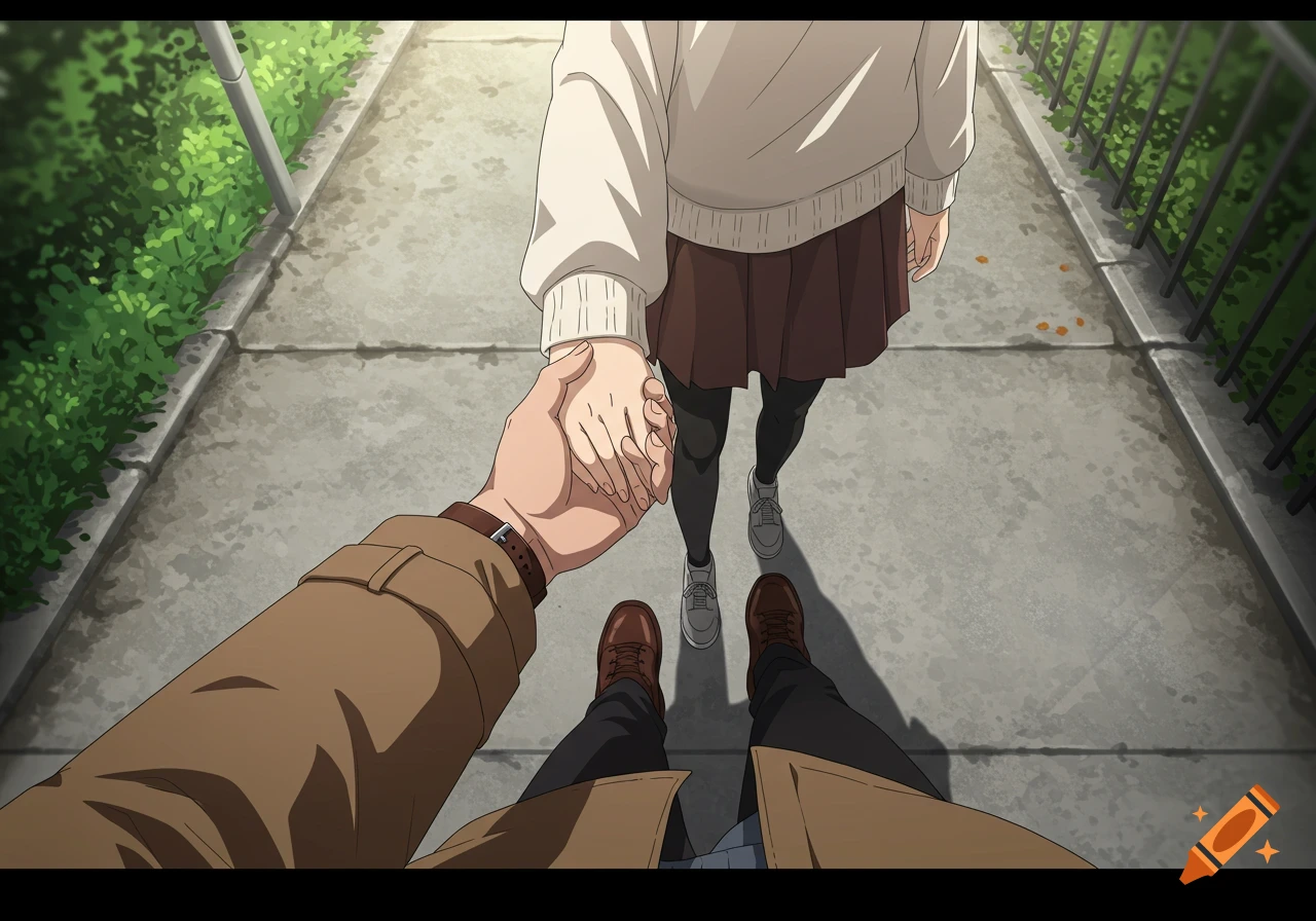First-person perspective of a person in a trench coat holding hands with another person in a sweater and skirt while walking on a sidewalk, in an anime style.