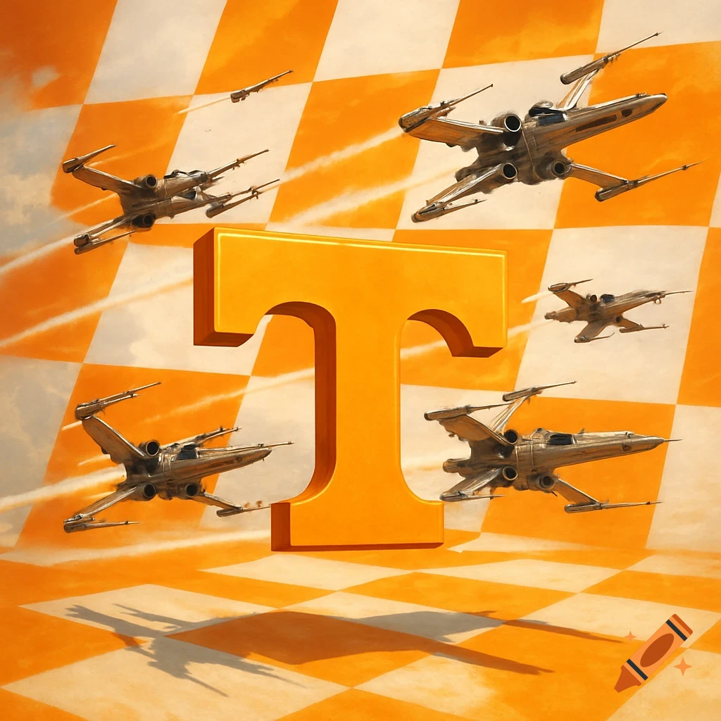 Orange 'T' logo with Star Wars X-wing fighters flying against an orange and white checkered sky.
