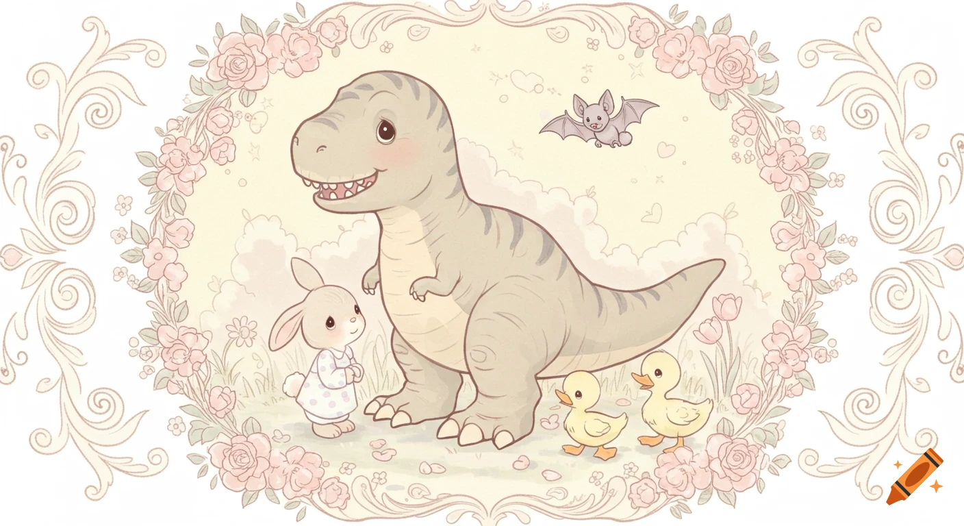 A whimsical Precious Moments style illustration of a happy T-Rex, bunny, bat, and two ducklings surrounded by pink flowers.