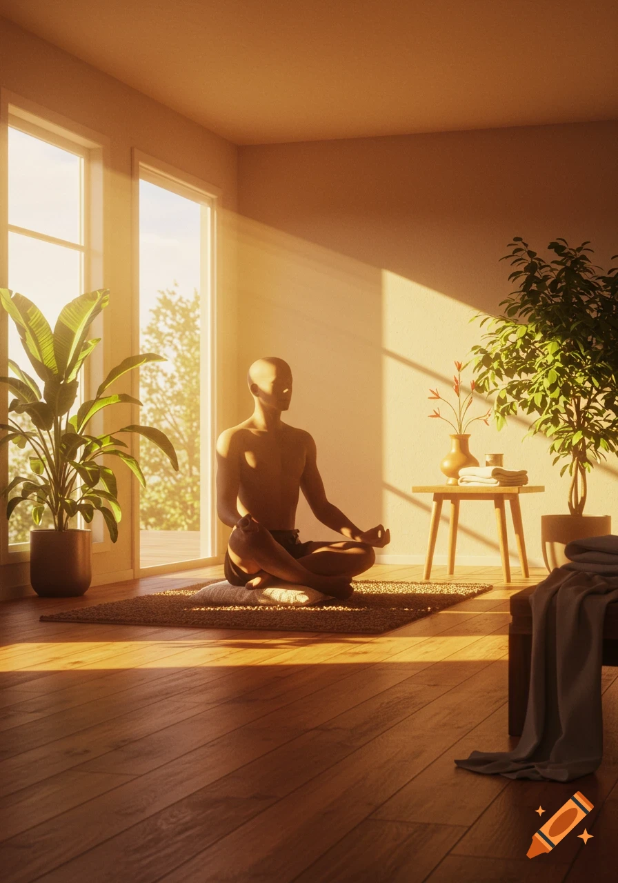 A person meditates shirtless in a sunlit room, sitting cross-legged on a cushion. Warm light streams through a window, illuminating plants.
