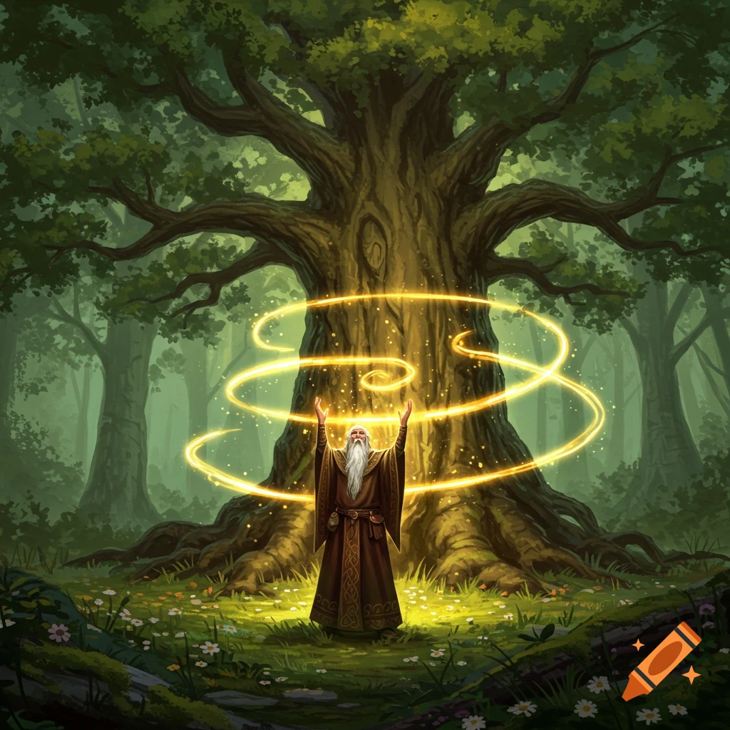 A robed druid with a long white beard stands before a massive oak tree, casting golden magic in a lush forest.