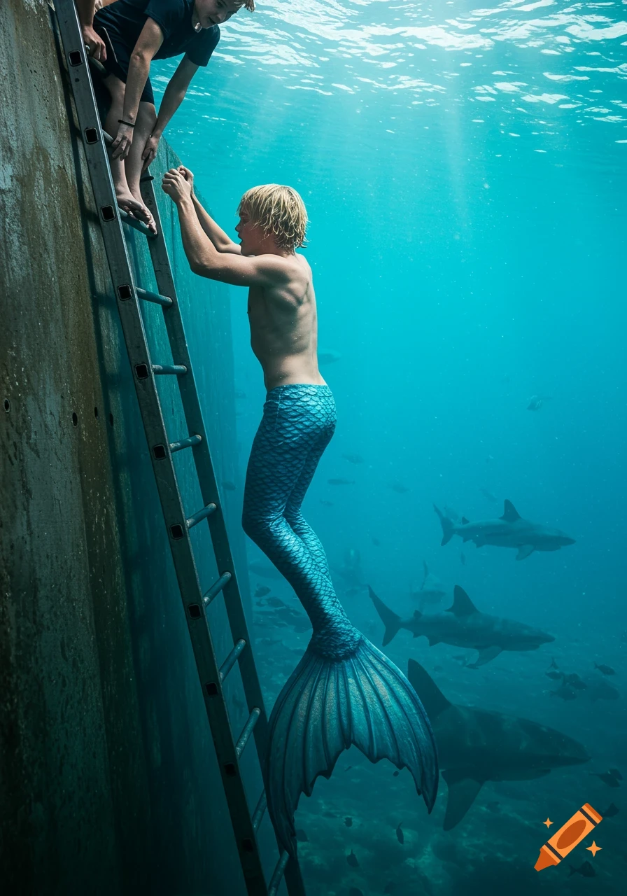 A merman climbs a ladder underwater as another person reaches down, with sharks swimming in the deep blue sea below.
