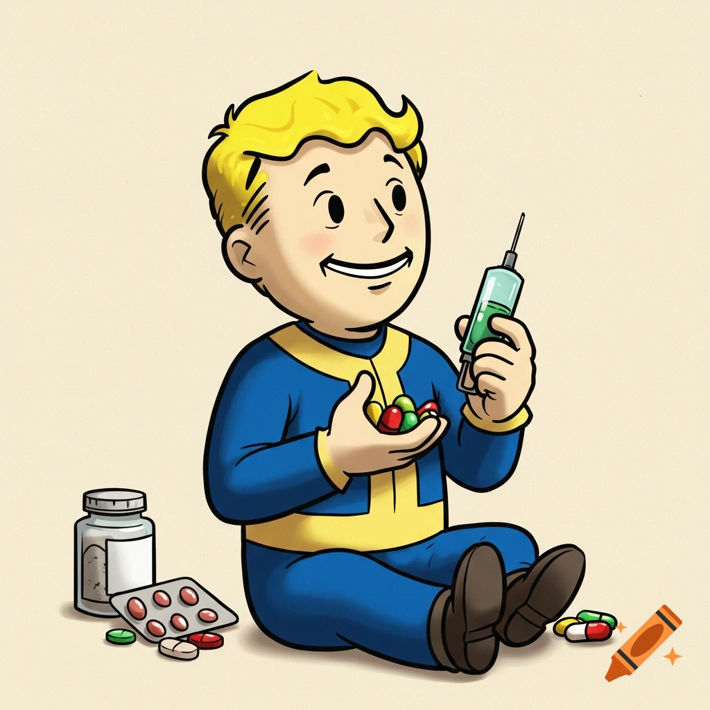 A cartoon Vault Boy from Fallout sits holding a syringe and a handful of colorful pills, with more pills and a bottle beside him.