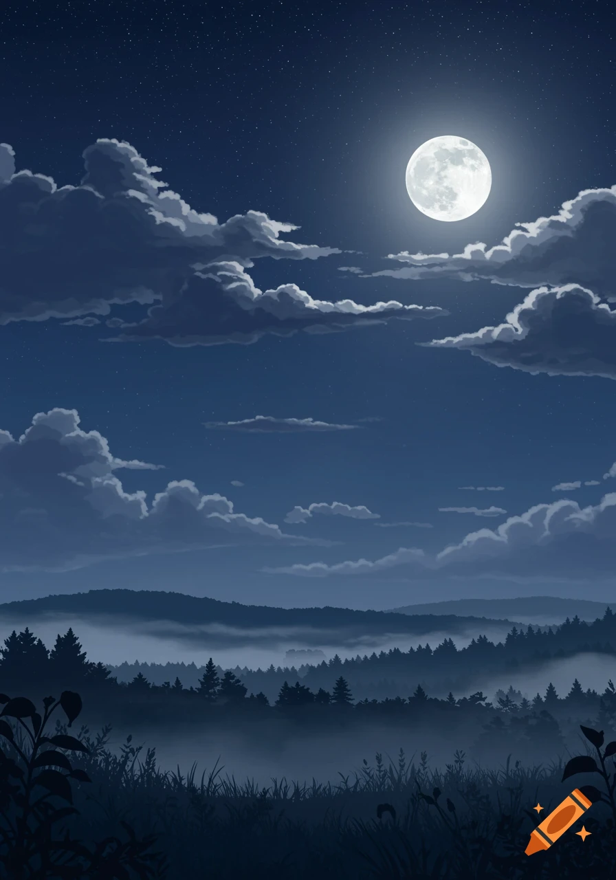 A serene night landscape with a full moon illuminating clouds above a misty forest and hills.