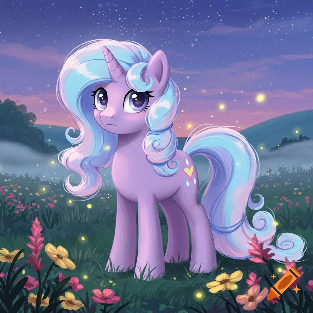 A lavender unicorn pony with a blue and pink mane stands in a field of wildflowers under a starry twilight sky in a cartoon style.