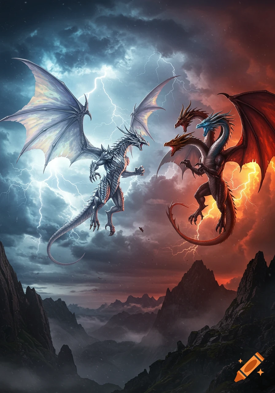 A white dragon battles a multi-headed red and blue dragon amidst a dramatic stormy sky with lightning and mountains.