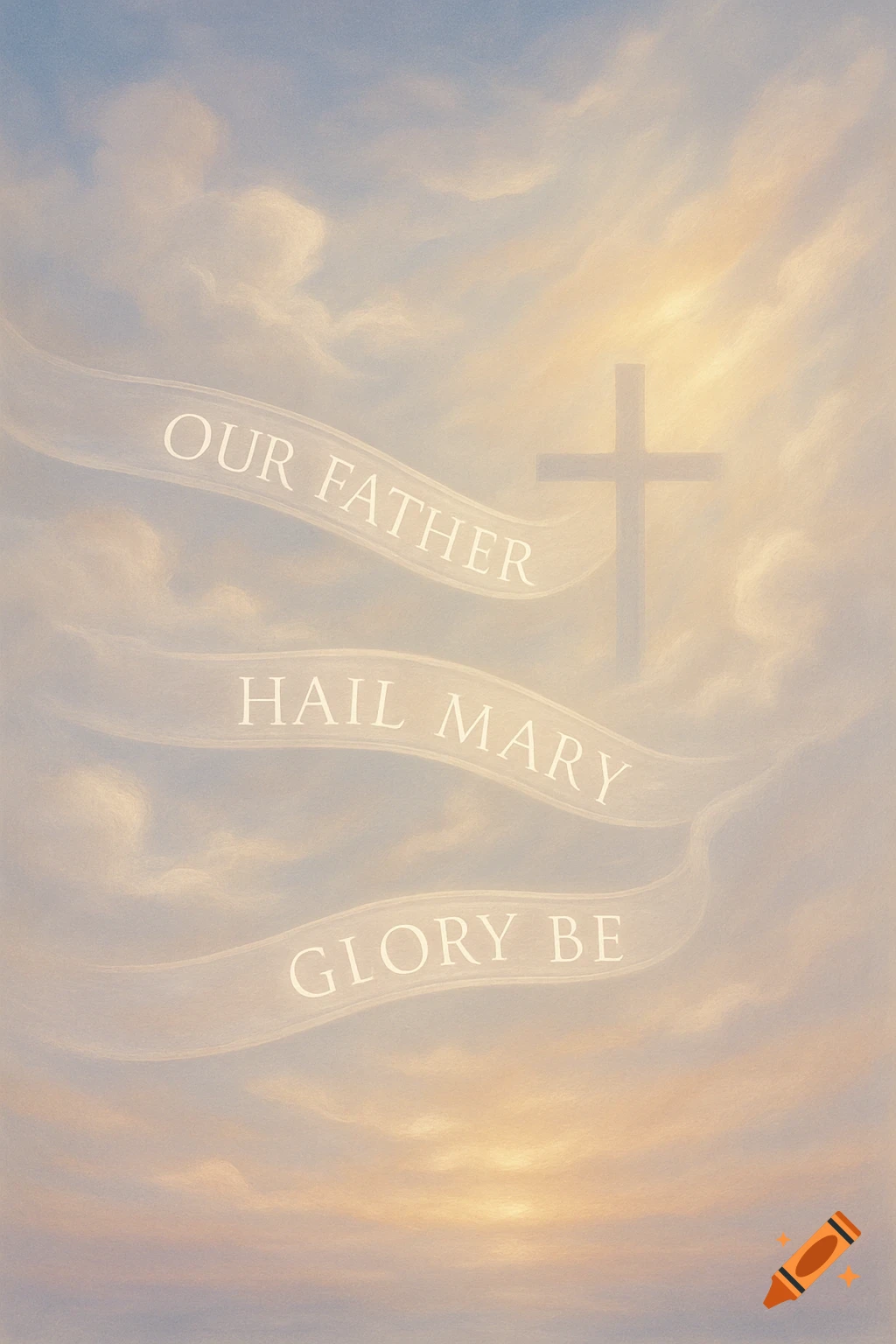 A serene sky with soft clouds and a cross, featuring ribbons with the phrases 'Our Father', 'Hail Mary', and 'Glory Be'.