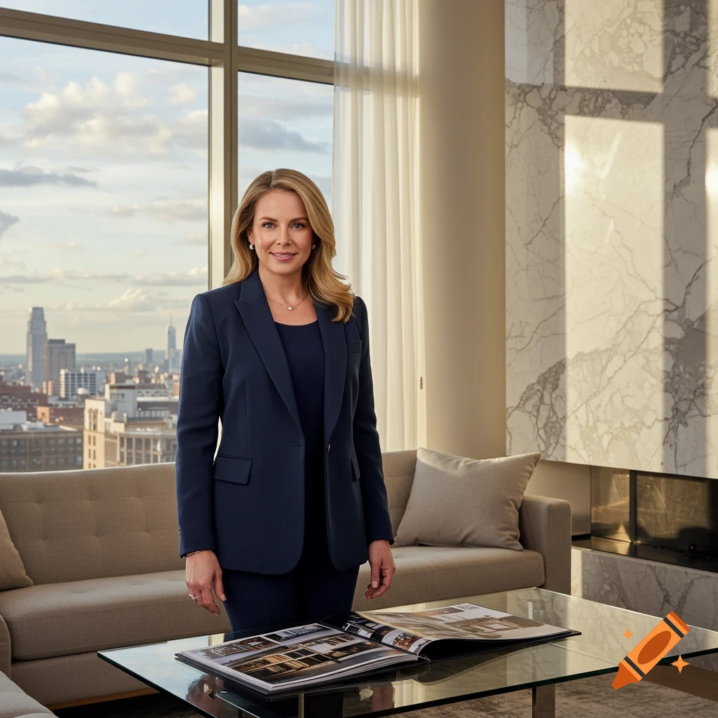 A photorealistic portrait of a professional woman in a dark blue suit standing in a modern apartment with a city view.
