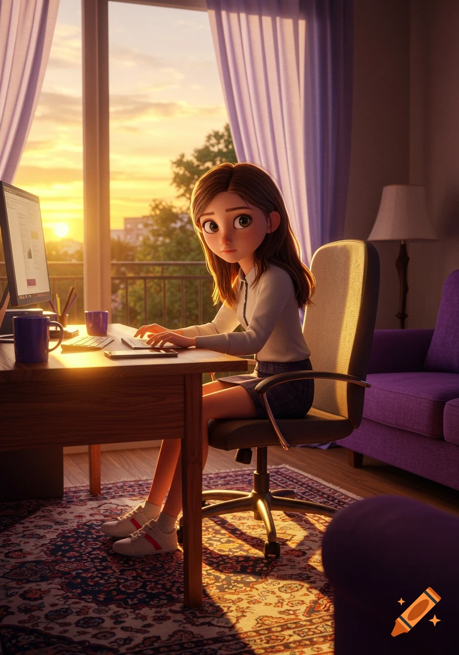 Animated girl with big brown eyes sitting at a desk, typing on a computer. Golden sunset light fills the room through a large window.
