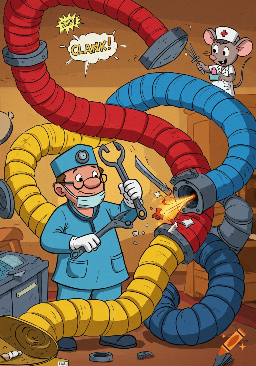A cartoon doctor in a mask repairs colorful ductwork, as a nurse mouse observes.