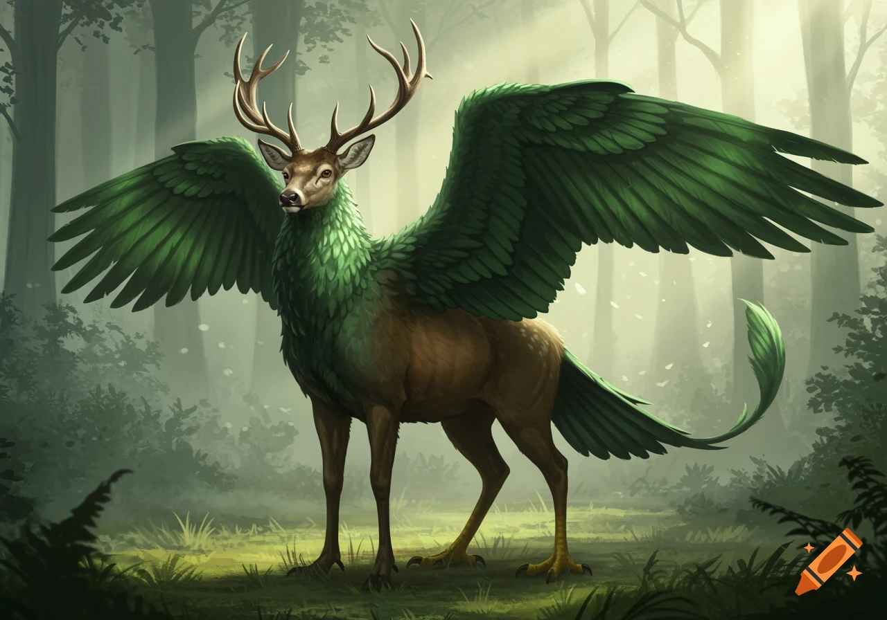 A mythical creature, a deer with large green eagle wings and taloned back feet, stands in a mystical forest.