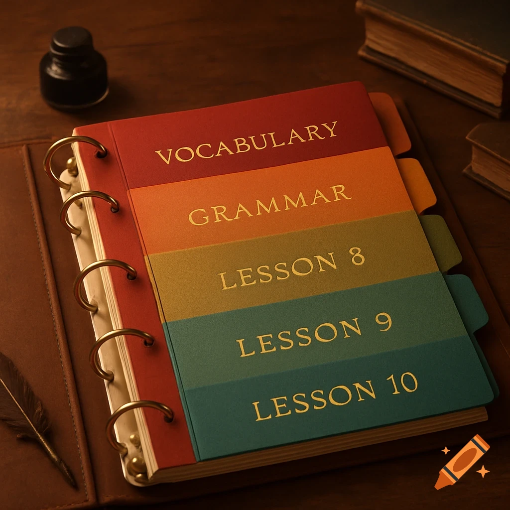 Close-up of a colorful school binder with dividers labeled Vocabulary, Grammar, Lesson 8, 9, and 10, next to an ink bottle and feather quill.