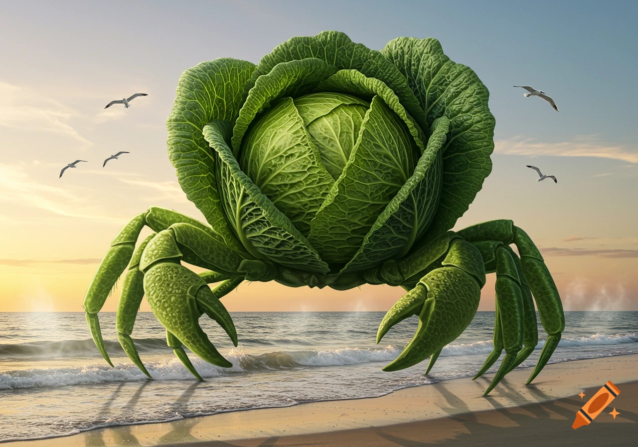 A large green cabbage shaped like a crab stands on a beach at sunset with ocean waves and seagulls.
