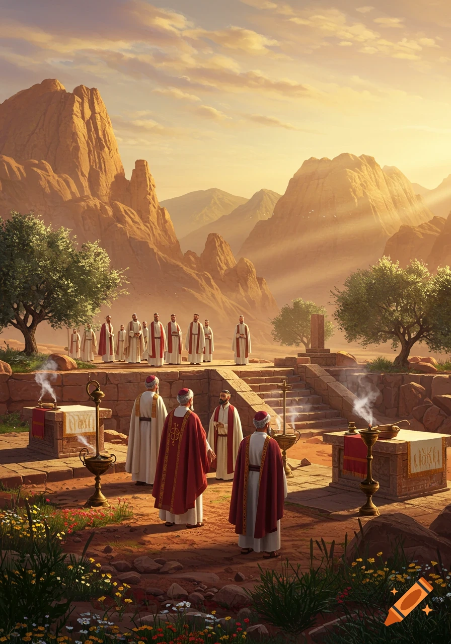 Priests in red and white robes perform a ritual at altars in a vast desert landscape with mountains under a golden sky, with light rays shining down.