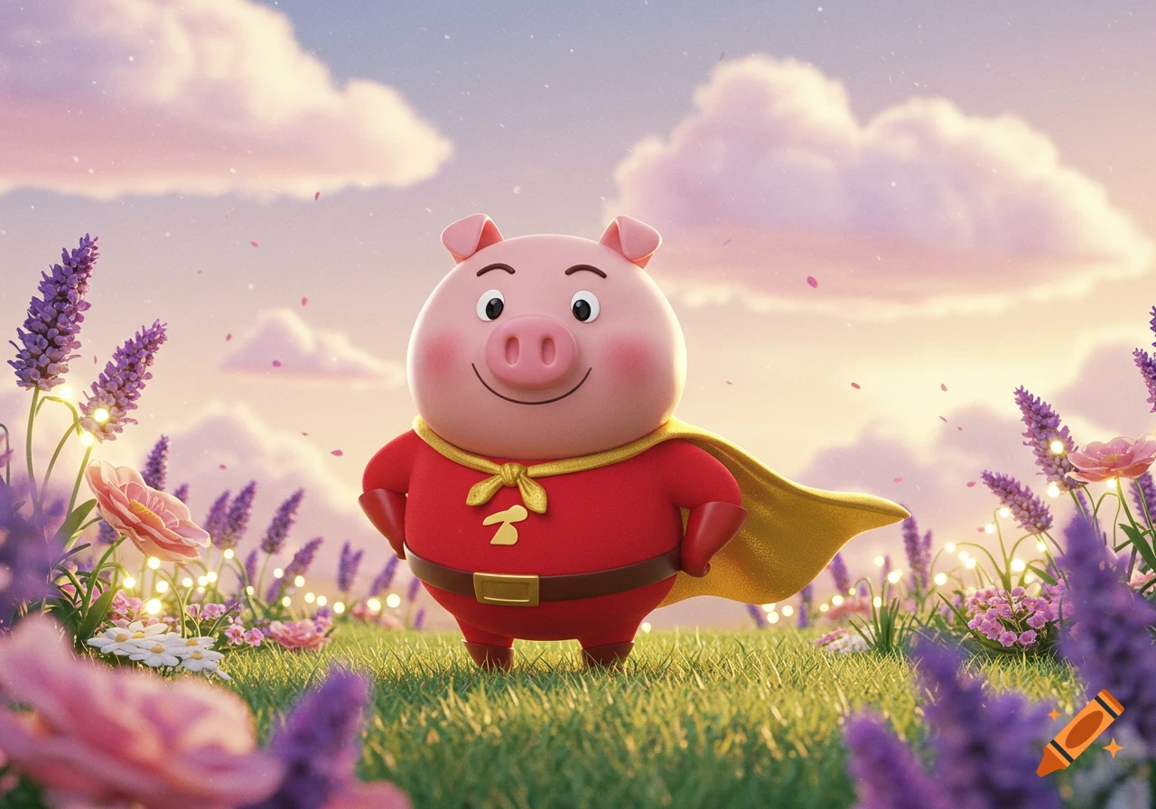 A cute pink pig superhero in a red suit and gold cape stands in a vibrant field of lavender and flowers under a pink sky.