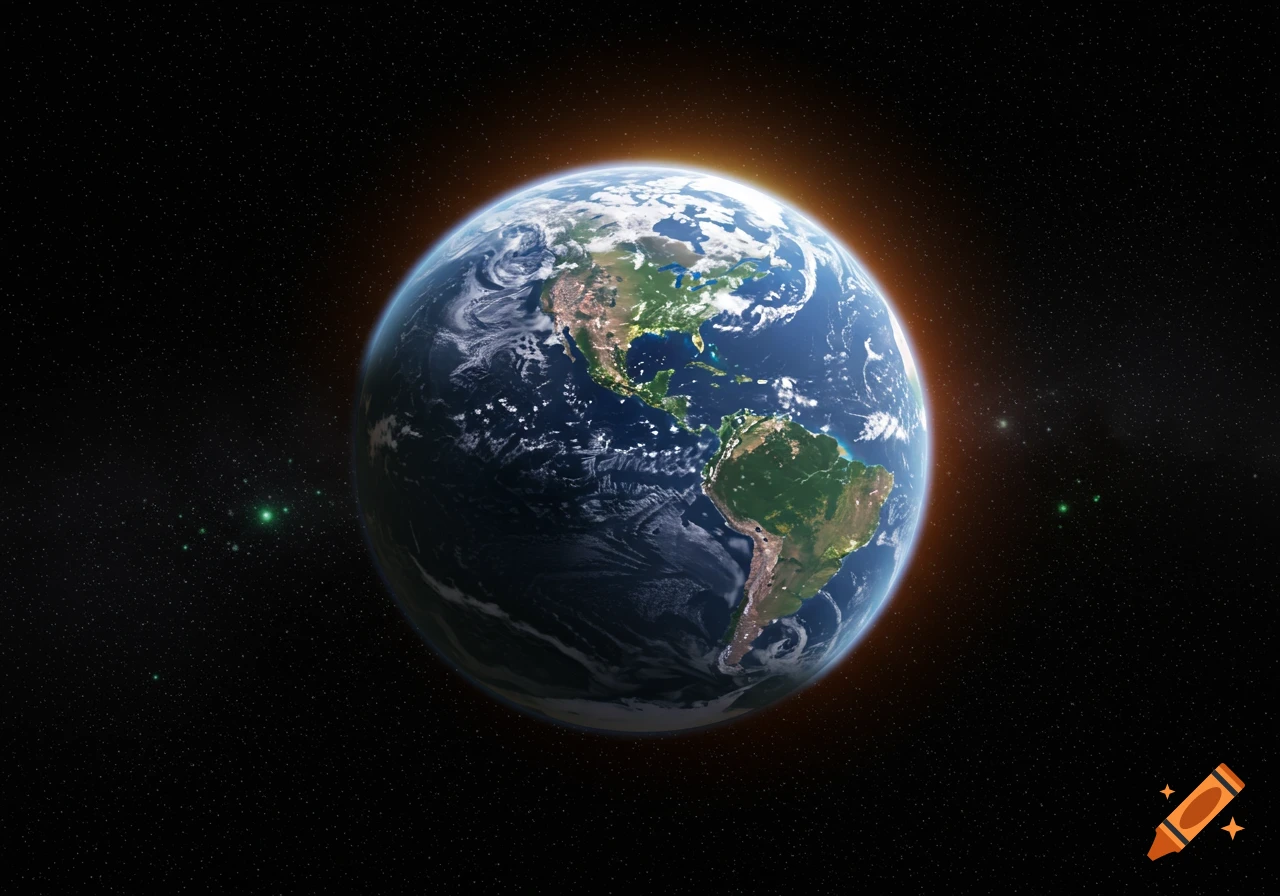 Photorealistic view of Earth from space, showing North and South America and a bright sunlit edge against a starry background.