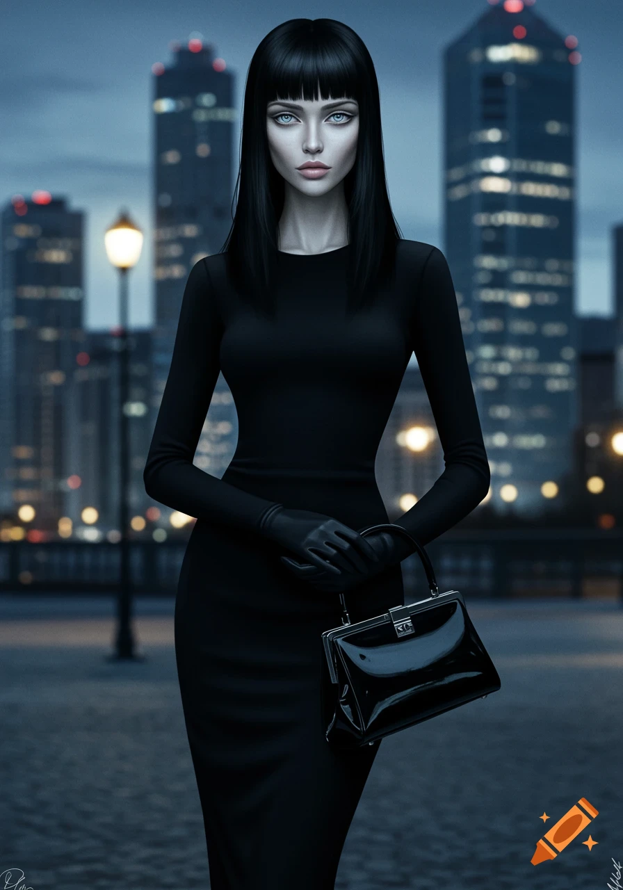 A stylized portrait of a tall woman with black hair and icy blue eyes, in a black dress and gloves, holding a shiny handbag, standing against a blurred city skyline at dusk.