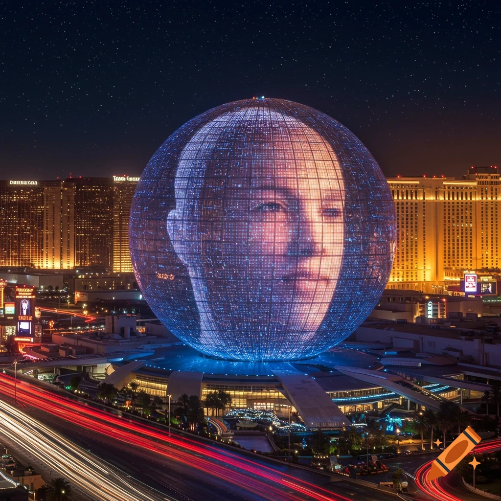 Photorealistic image of the Las Vegas Sphere at night, displaying a bald head, with light trails from cars in the foreground.