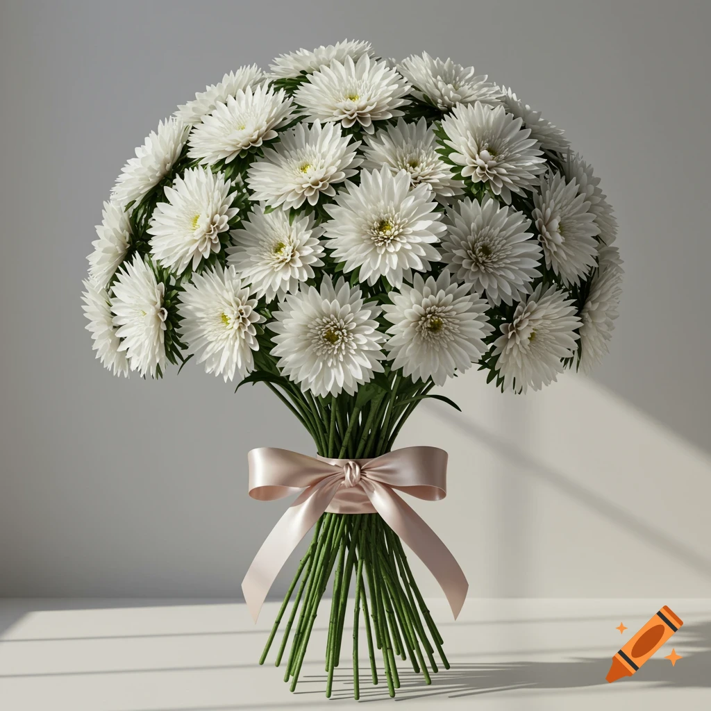 A hyper-realistic bouquet of white flowers with green stems, tied with a pink satin ribbon, against a minimalist background.