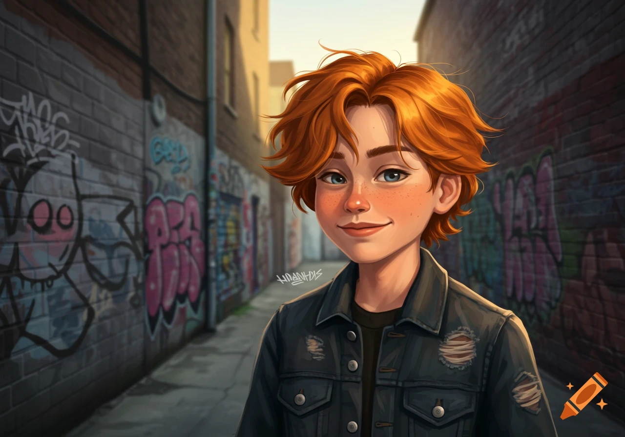 A smiling, ginger teenage boy with freckles and blue eyes wears a denim jacket in a graffiti-filled alleyway, in an illustrated style.