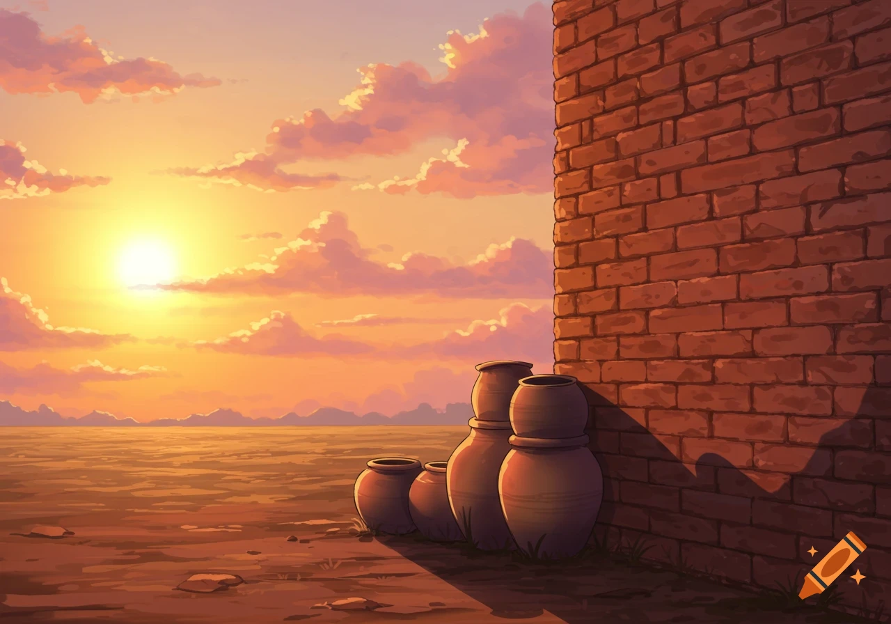 A vibrant orange and yellow sunset over a flat landscape with mountains in the distance. Four clay pots lean against a brick wall on the right side, casting long shadows. Stylized illustration.