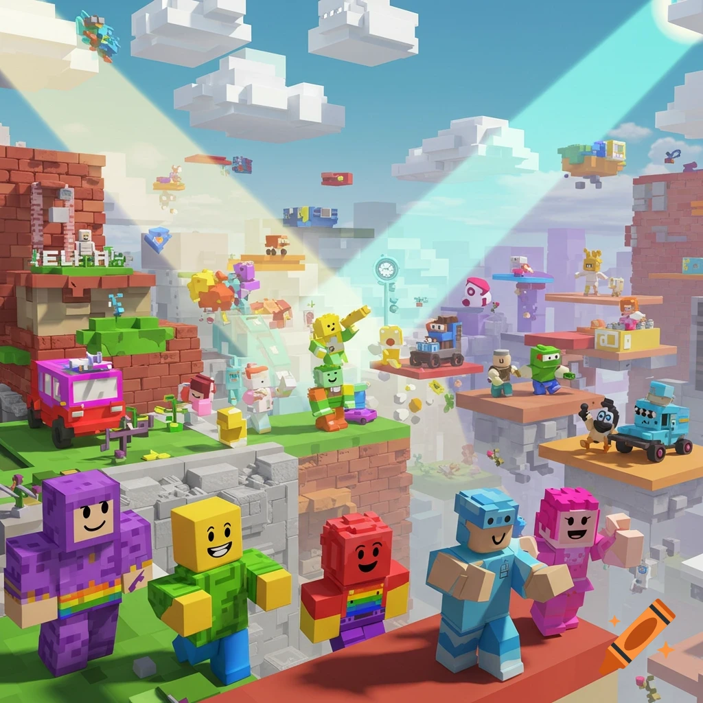 A vibrant, blocky world with colorful voxel characters, vehicles, and structures under a blue sky, similar to Roblox.