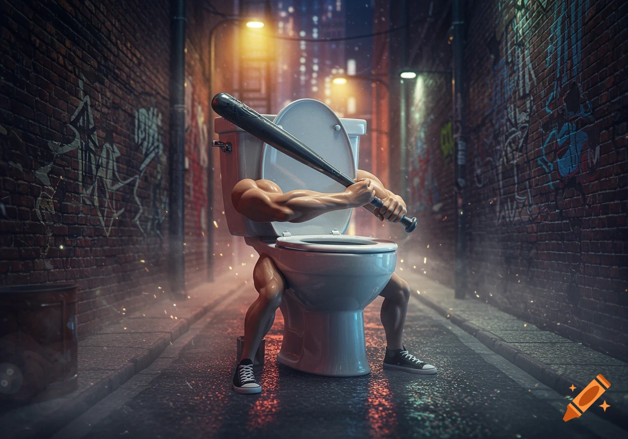 A toilet with muscular human arms and legs holding a baseball bat in a dimly lit, graffiti-covered alley at night.