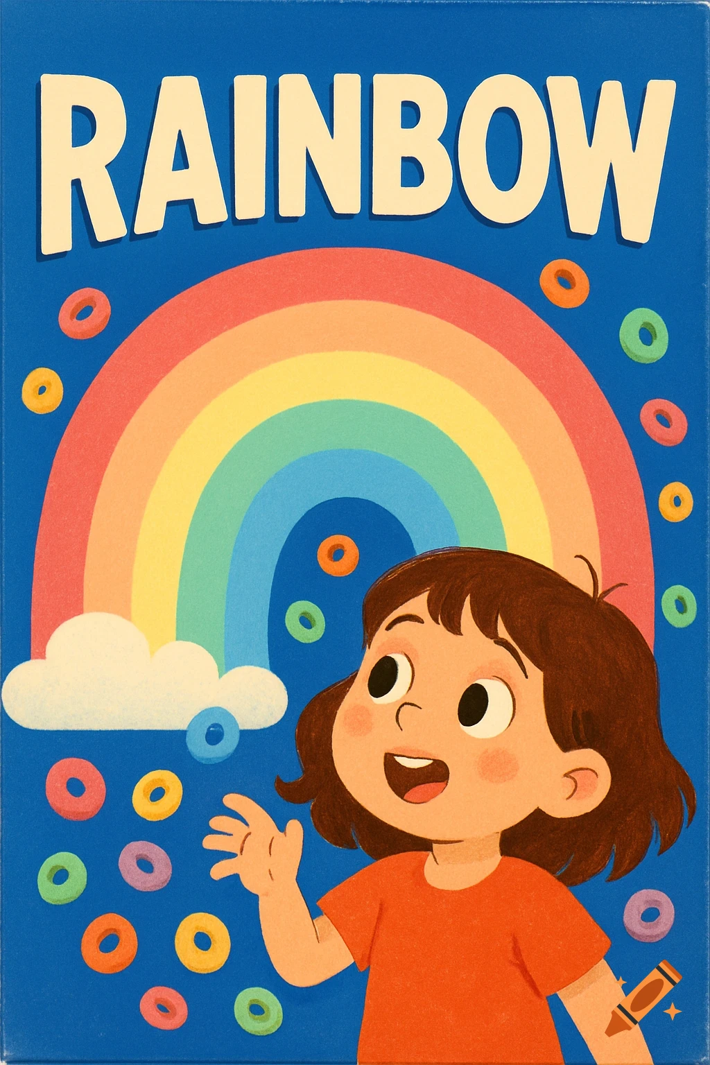 Cartoon girl looks at a rainbow with colorful cereal loops on a blue background, in a whimsical illustration style.