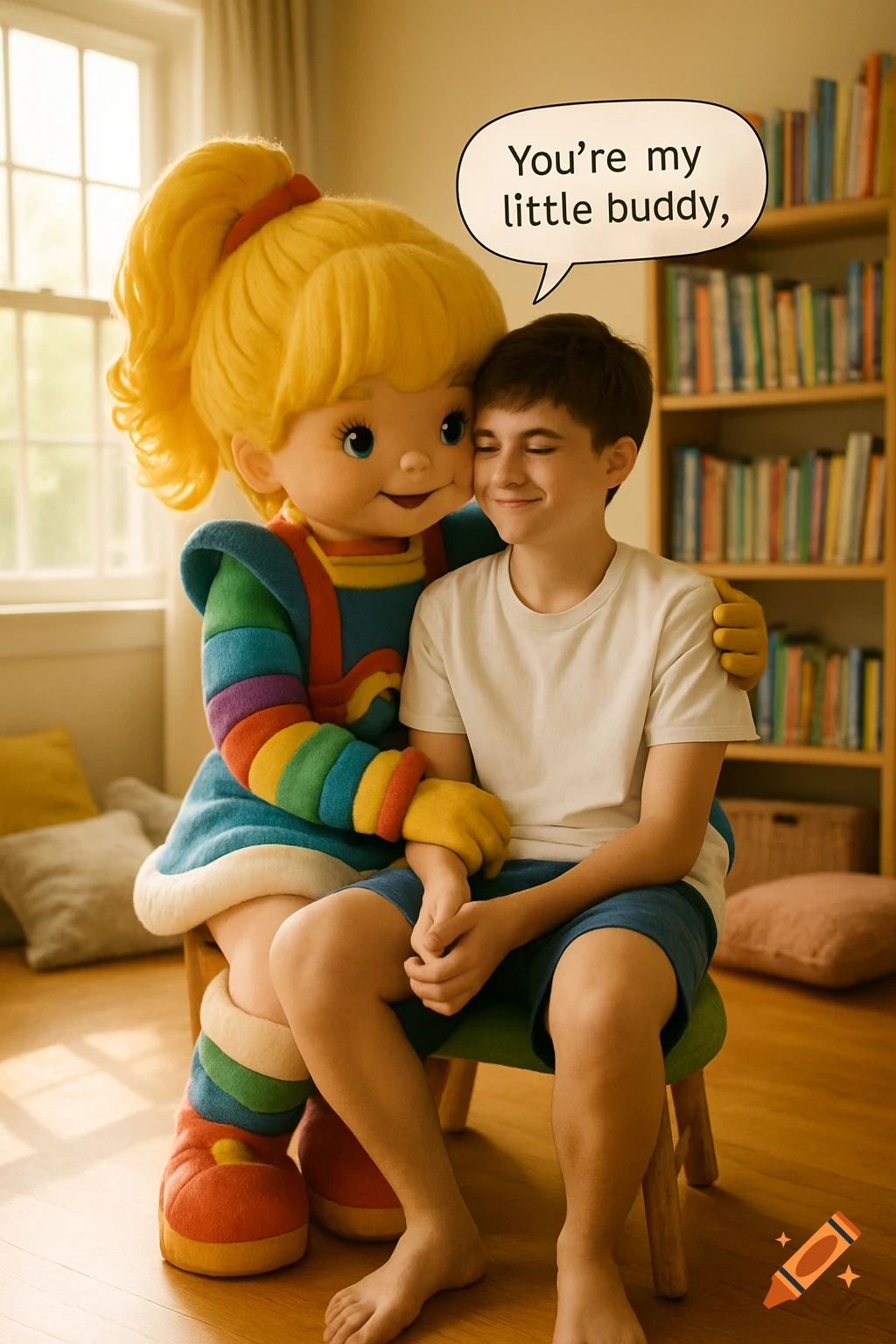 A photorealistic image of a boy sitting on the lap of a Rainbow Brite mascot, who embraces him. A speech bubble says, 'You're my little buddy,'.