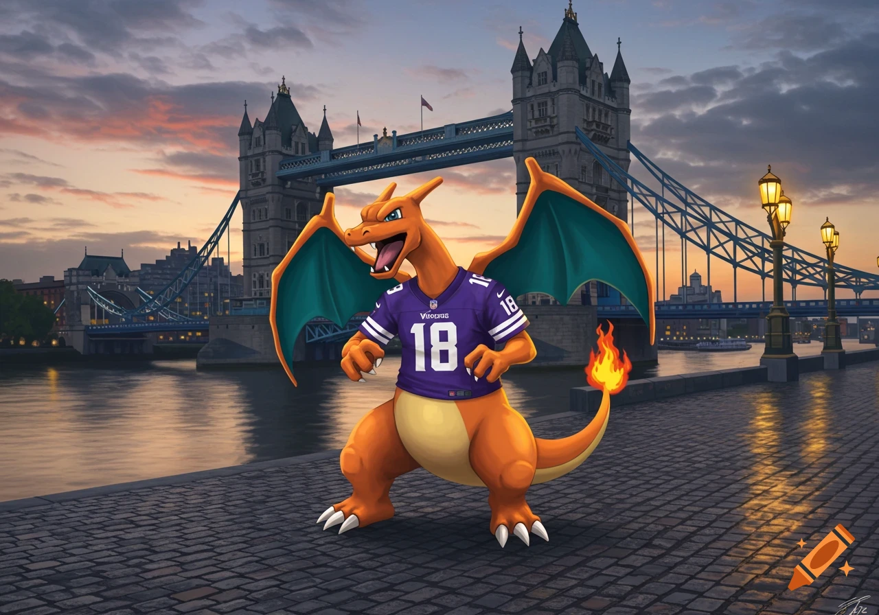 Charizard wearing a purple Vikings jersey with the number 18, standing on a cobblestone bridge overlooking the London Bridge at sunset.