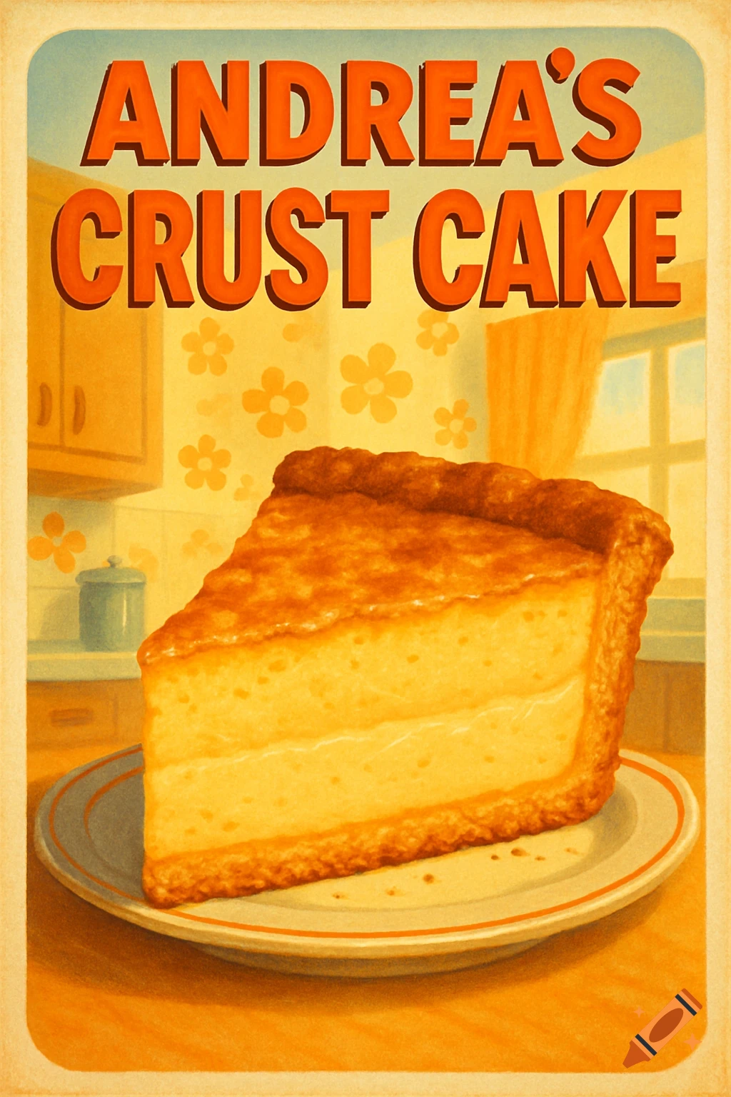 Vintage style poster advertising Andrea's Crust Cake, featuring a slice of golden-brown cake on a plate in a kitchen.